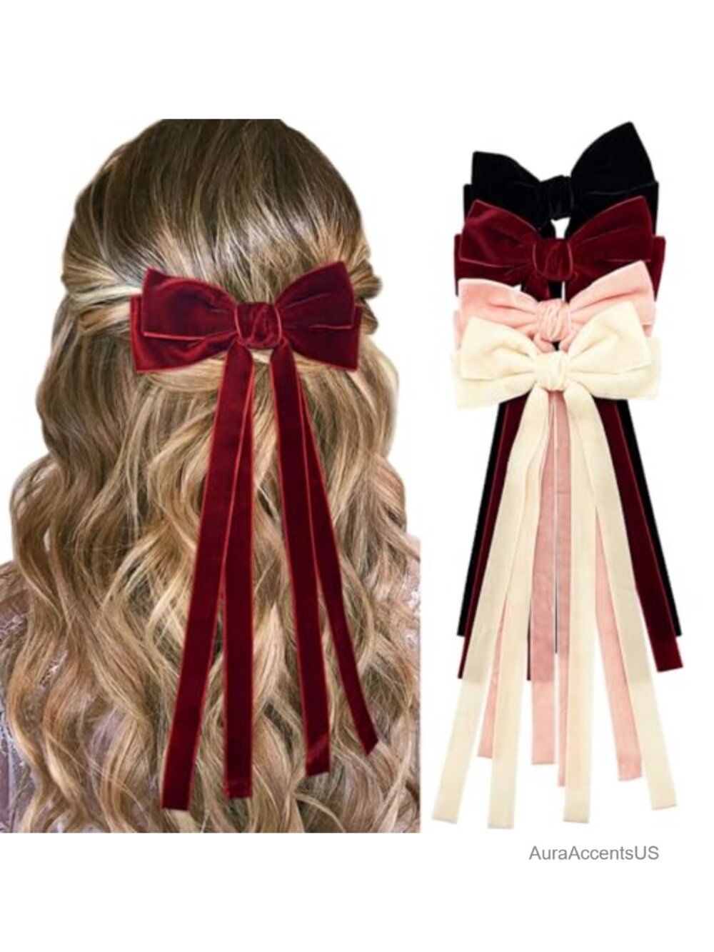 Velvet Bow Hair Clips Long Tail Ponytail Holder Accessories Handmade